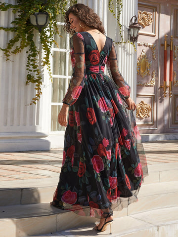 Missord Floral Print Lantern Sleeve Ruched Mesh Maxi Dress