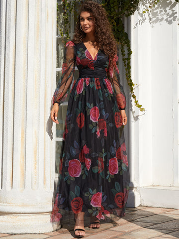 Missord Floral Print Lantern Sleeve Ruched Mesh Maxi Dress