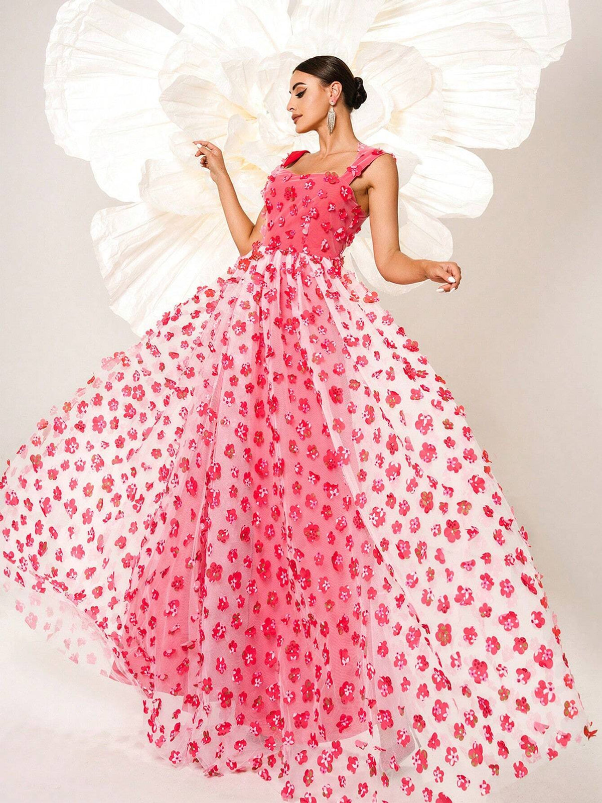 Missord Ladies' Floral Decor Elegant Side Split Prom Dress With Shoulder Straps