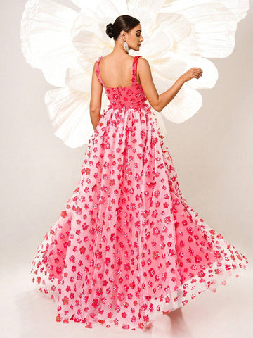 Missord Ladies' Floral Decor Elegant Side Split Prom Dress With Shoulder Straps