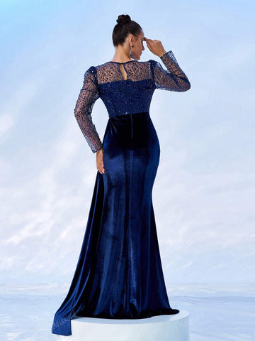 Missord Mesh Splice Long Sleeve Tie Bow Split Ruched Elegant Evening Dress