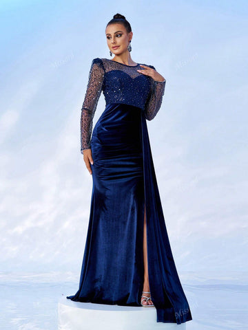 Missord Mesh Splice Long Sleeve Tie Bow Split Ruched Elegant Evening Dress