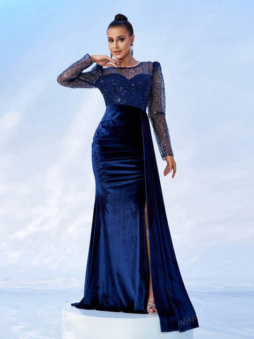 Missord Mesh Splice Long Sleeve Tie Bow Split Ruched Elegant Evening Dress