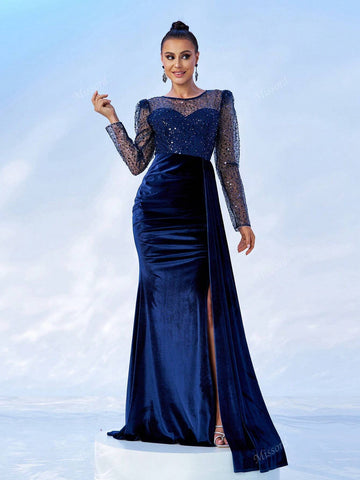 Missord Mesh Splice Long Sleeve Tie Bow Split Ruched Elegant Evening Dress