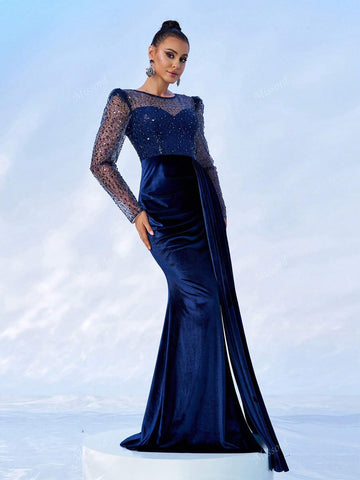 Missord Mesh Splice Long Sleeve Tie Bow Split Ruched Elegant Evening Dress