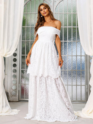 Missord Off Shoulder Layered Hem Lace Wedding Dress