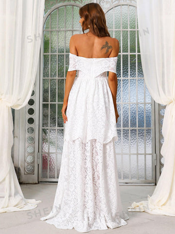 Missord Off Shoulder Layered Hem Lace Wedding Dress