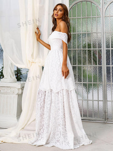 Missord Off Shoulder Layered Hem Lace Wedding Dress