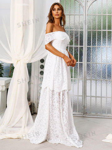 Missord Off Shoulder Layered Hem Lace Wedding Dress