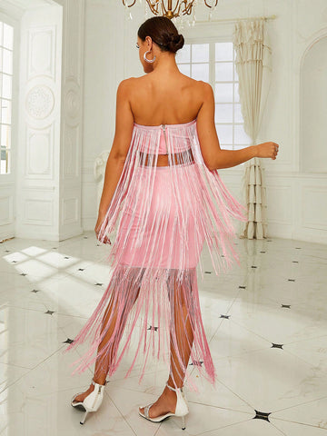 Missord Pink Strapless Top With Fringe Detailing & Skirt Set