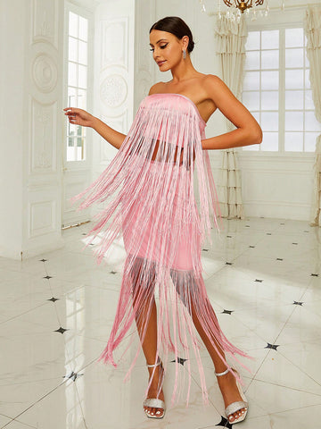Missord Pink Strapless Top With Fringe Detailing & Skirt Set