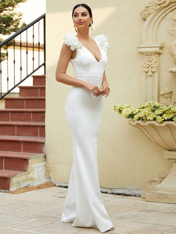 Missord Plunging Neck Ruffle Trim Mermaid Hem Formal Dress