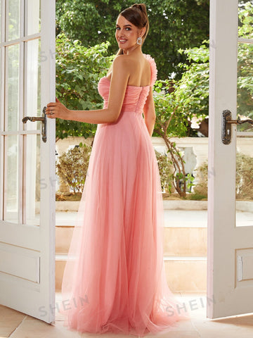 Missord Ruched Bust Mesh Overlay Prom Dress