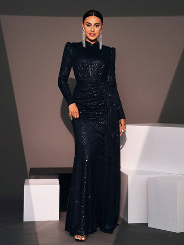 Missord Sequin Stand Collar Bodycon Mermaid Floor-Length Prom Dress With Pleats