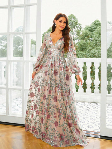 Missord V-neck Sequined Lantern Sleeve Evening Party Dress