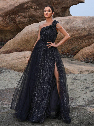 Missord Women'S One Shoulder High Slit Evening Dress