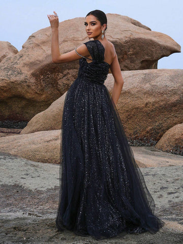 Missord Women'S One Shoulder High Slit Evening Dress