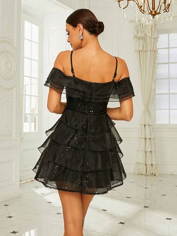Missord Women'S Pure Color Patchwork Mesh Ruffle & Sequined Off-Shoulder Neckline Dress