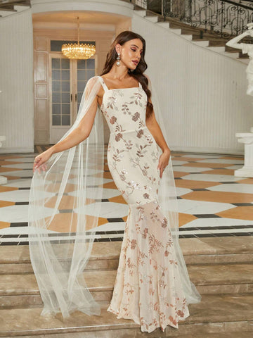 Missord Women's Cape Sleeve Mesh Dress Decorated With Floral Pattern And Sequins For Evening Party