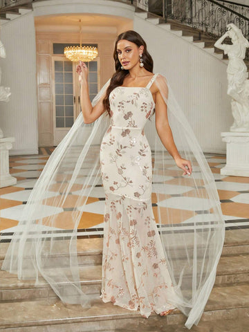 Missord Women's Cape Sleeve Mesh Dress Decorated With Floral Pattern And Sequins For Evening Party