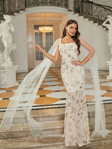 Missord Women's Cape Sleeve Mesh Dress Decorated With Floral Pattern And Sequins For Evening Party