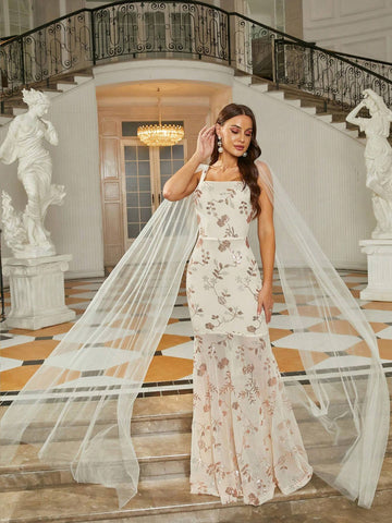 Missord Women's Cape Sleeve Mesh Dress Decorated With Floral Pattern And Sequins For Evening Party