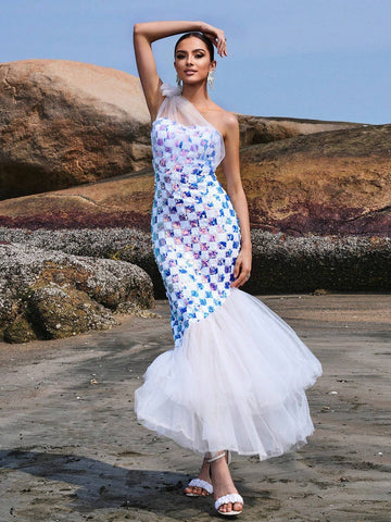 Missord Women's Check Pattern Printed One Shoulder Sleeveless Mesh Mermaid Hem Party Dress