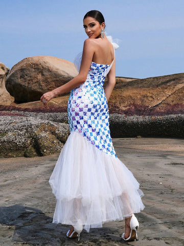 Missord Women's Check Pattern Printed One Shoulder Sleeveless Mesh Mermaid Hem Party Dress