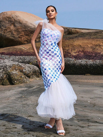 Missord Women's Check Pattern Printed One Shoulder Sleeveless Mesh Mermaid Hem Party Dress