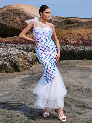 Missord Women's Check Pattern Printed One Shoulder Sleeveless Mesh Mermaid Hem Party Dress