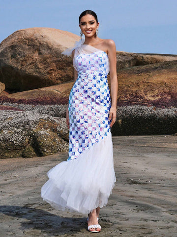 Missord Women's Check Pattern Printed One Shoulder Sleeveless Mesh Mermaid Hem Party Dress