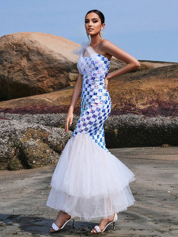 Missord Women's Check Pattern Printed One Shoulder Sleeveless Mesh Mermaid Hem Party Dress