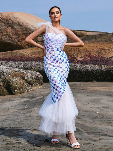 Missord Women's Check Pattern Printed One Shoulder Sleeveless Mesh Mermaid Hem Party Dress