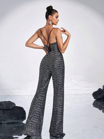 Missord Women's Full Sequin Backless Spaghetti Strap Sleeveless Romper For Party