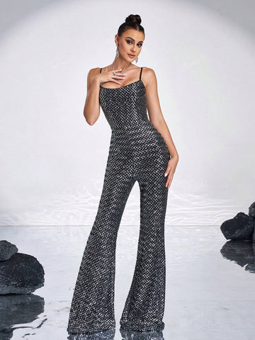 Missord Women's Full Sequin Backless Spaghetti Strap Sleeveless Romper For Party