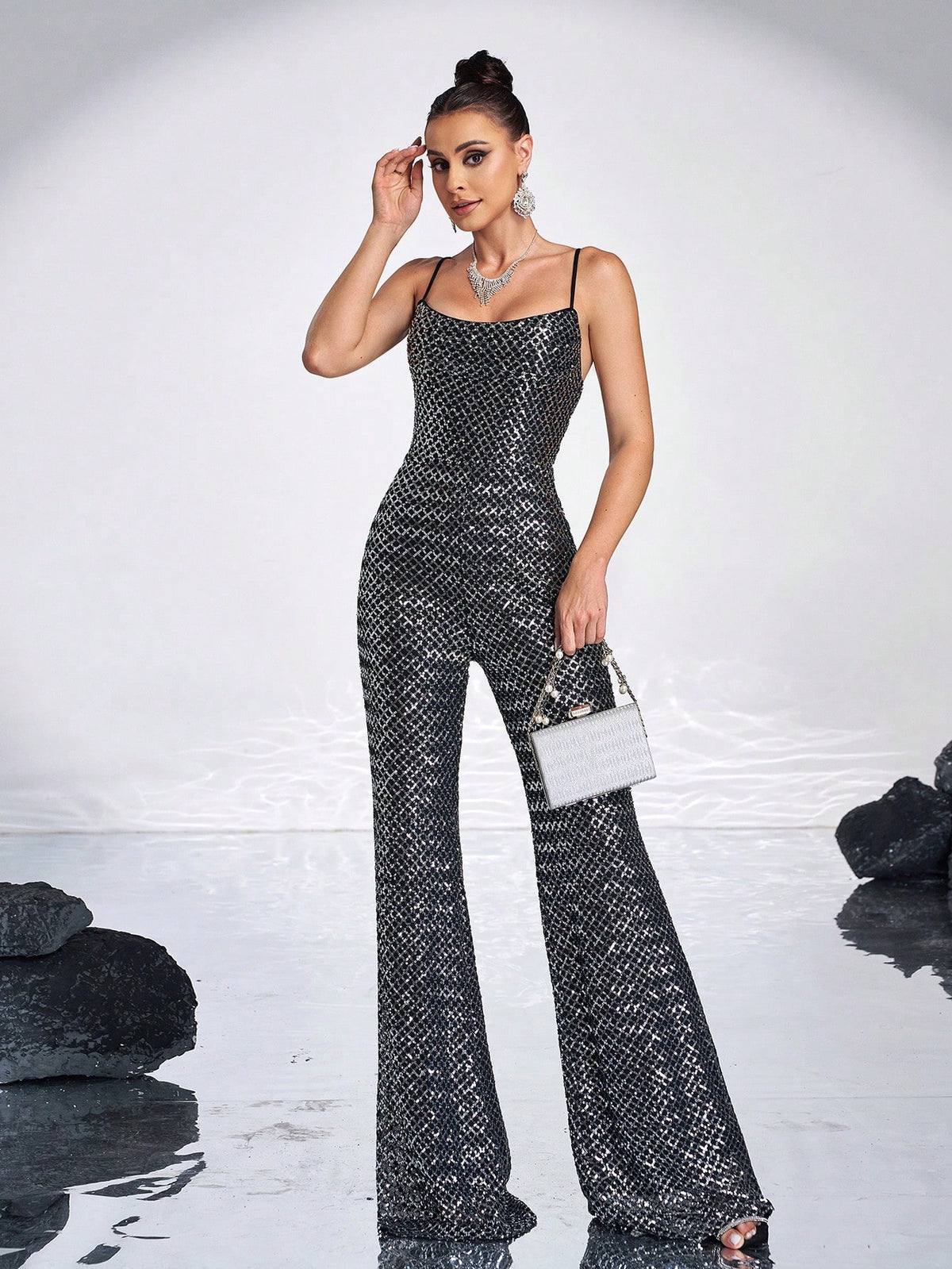 Missord Women's Full Sequin Backless Spaghetti Strap Sleeveless Romper For Party