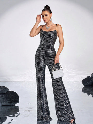 Missord Women's Full Sequin Backless Spaghetti Strap Sleeveless Romper For Party