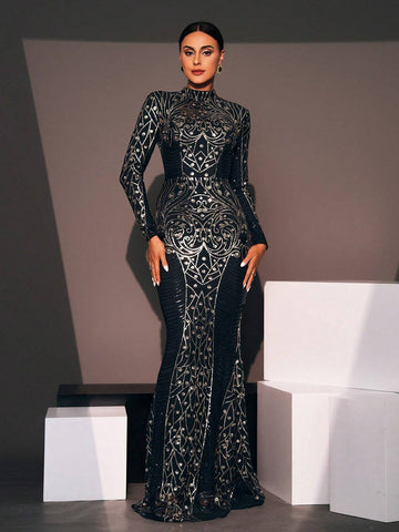 Missord Women's Half High Collar Long Sleeve Printed Elegant Evening Formal Dress