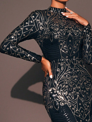 Missord Women's Half High Collar Long Sleeve Printed Elegant Evening Formal Dress