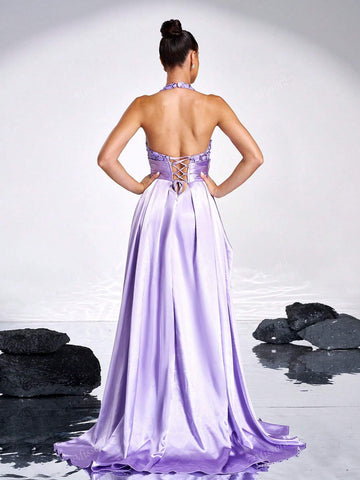 Missord Women's Sequin Pleated Slit Hem Maxi Evening Dress With Halter Neck