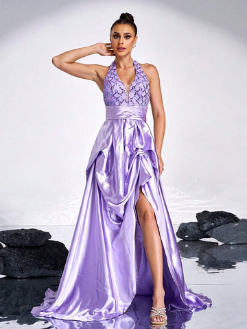 Missord Women's Sequin Pleated Slit Hem Maxi Evening Dress With Halter Neck