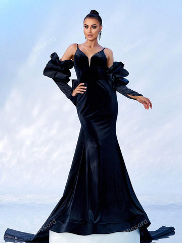 Missord Women's Solid Color Mermaid Hem Maxi Bodycon Elegant Evening Dress