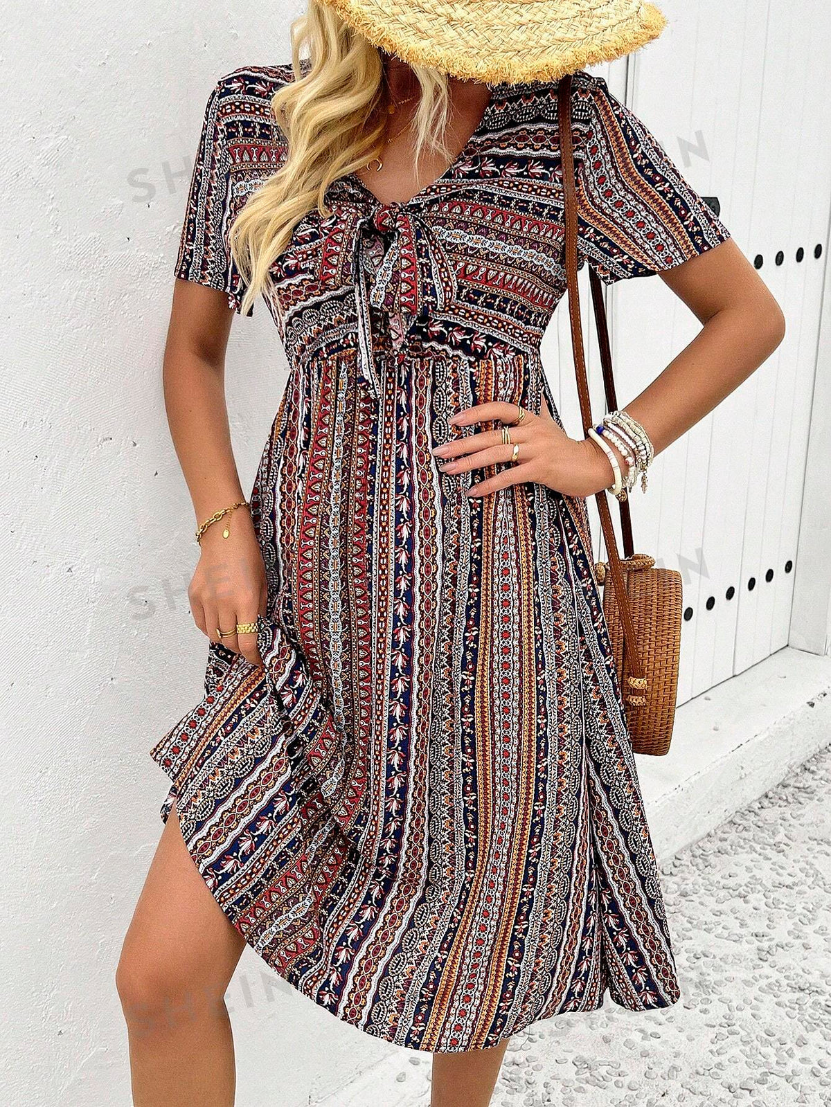 Mixed Print Knot Front Dress