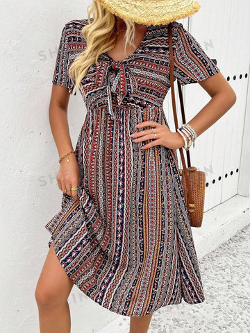 Mixed Print Knot Front Dress