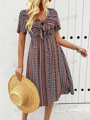 Mixed Print Knot Front Dress