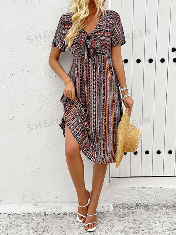 Mixed Print Knot Front Dress