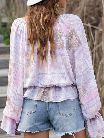 Mixed Print Split Neck Ruffle Bubble Sleeve Blouse