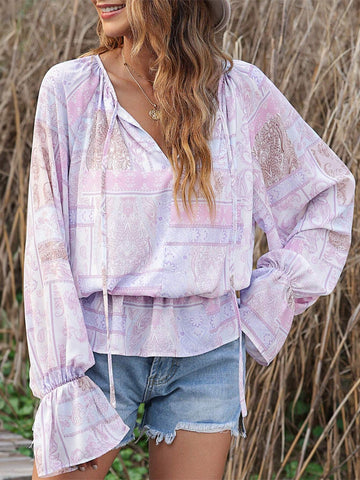 Mixed Print Split Neck Ruffle Bubble Sleeve Blouse