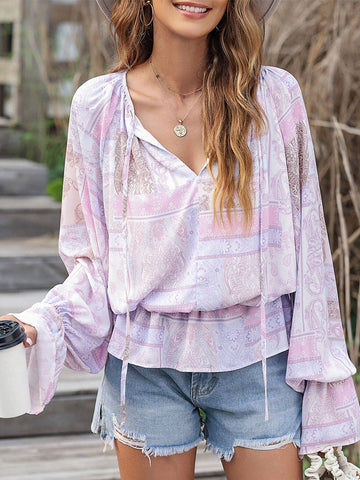 Mixed Print Split Neck Ruffle Bubble Sleeve Blouse
