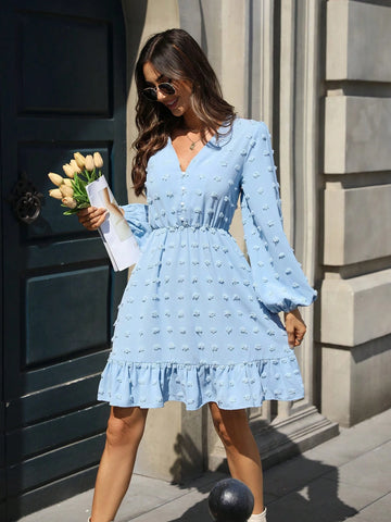 Mobula Sound V-Neck Ruffle Hem Long Sleeve A-Line Casual Dress For Women, Versatile And Stylish